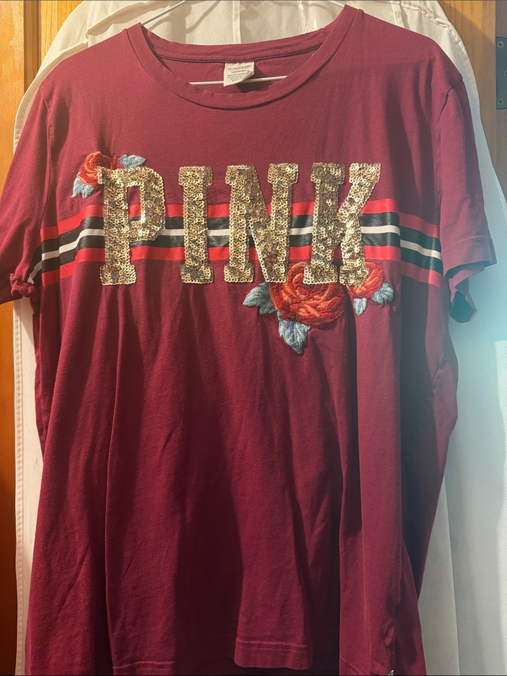 PINK Victoria's Secret Burgundy Tee with Sequin Logo & Floral Embroidery